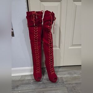 Shiekh Burgundy Lace-Up Over-the-Knee Boots